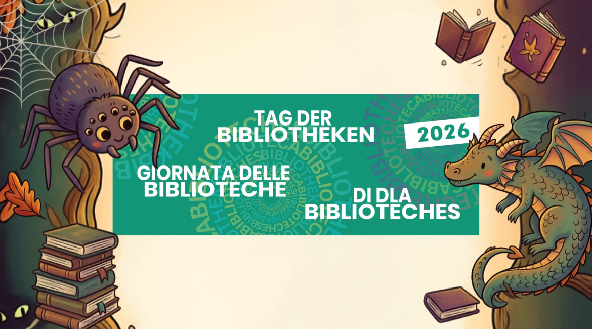 Nell'immagine si vede il logo verde del Tag der Bibliotheken 2026 circondato da un drago, un ragno e pile di libri.