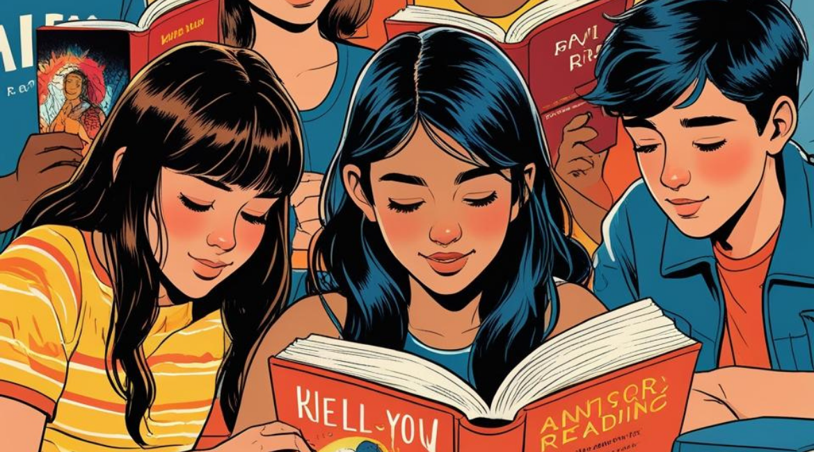 Un ragazzo e due ragazze leggono insieme un libro dalla copertina arancione.
