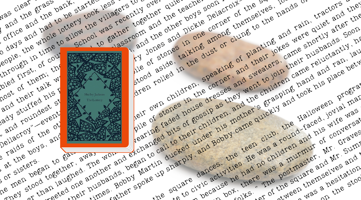 La copertina del libro "The lottery" di Shirley Jackson è bordata di arancione. Sullo sfondo si vedono delle pietre e l'incipit del racconto scritto a macchina.