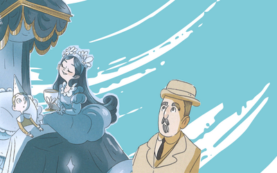 Nell'immagine si vedono Collodi e la fata turchina disegnati da Elena Triolo. Lo sfondo è una pennellata azzurra.