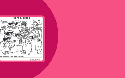 L'immagine mostra una vignetta satirica sulla partecipazione delle donne alla vita politica. Lo sfondo è in due tonalità di rosa.