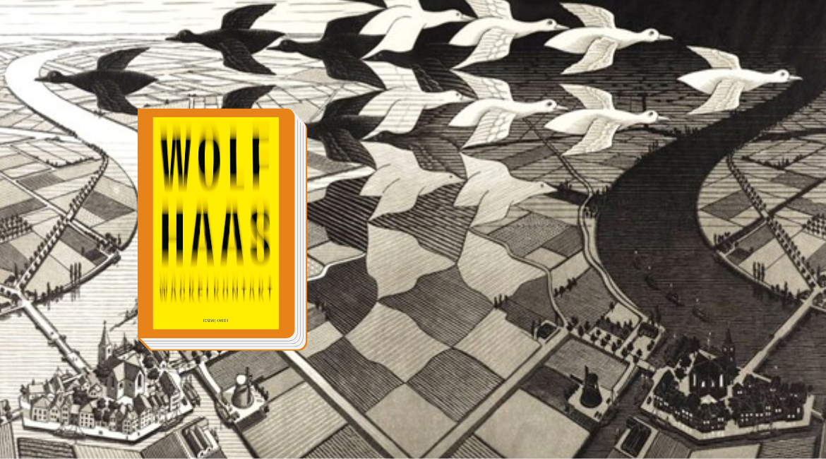  Una sovrapposizione tra la copertina del libro di Wolf Haas e l'opera di M.C. Escher "Giorno e notte", in cui uno stormo di uccelli bianchi e neri si trasforma in un paesaggio agricolo.